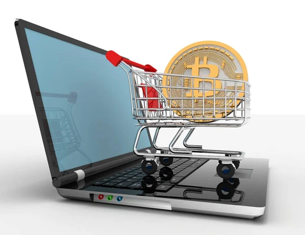 Bitcoin arabası laptop. 3D render illustrartion