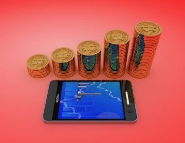 Bitcoins para grafik ile. 3D render illüstrasyon