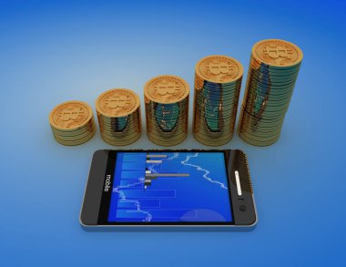 Bitcoins para grafik ile. 3D render illüstrasyon