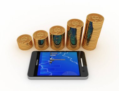 Bitcoins para grafik ile. 3D render illüstrasyon