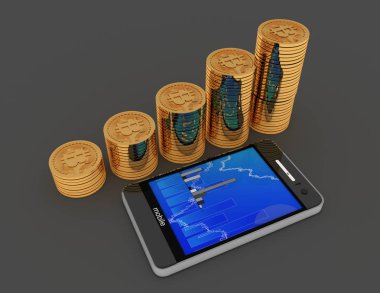 Bitcoins para grafik ile. 3D render illüstrasyon