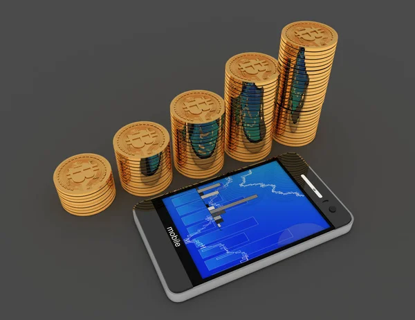 Bitcoins para grafik ile. 3D render illüstrasyon