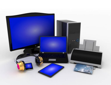 Bilgisayar aygıt ve Ofis donanımı. 3D render illüstrasyon