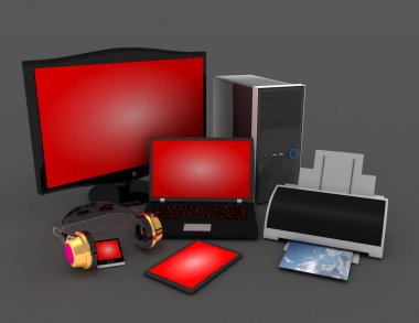 Bilgisayar aygıt ve Ofis donanımı. 3D render illüstrasyon