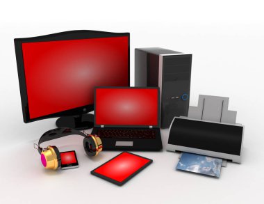 Bilgisayar aygıt ve Ofis donanımı. 3D render illüstrasyon