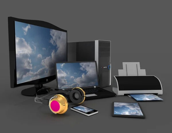 Dispositivos informáticos e equipamento de escritório. 3d ilustração renderizada — Fotografia de Stock