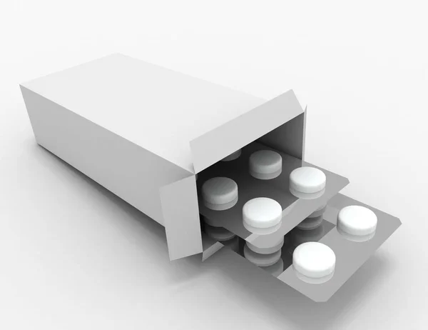 Paquete abierto de medicamentos. 3d ilustración renderizada — Foto de Stock