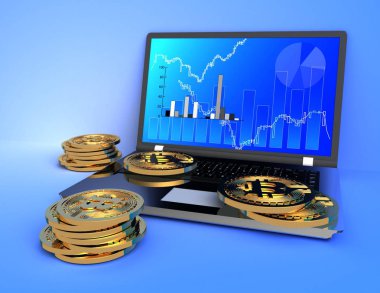 3D bitcoin ve dizüstü bilgisayar kavramı. 3D render illüstrasyon