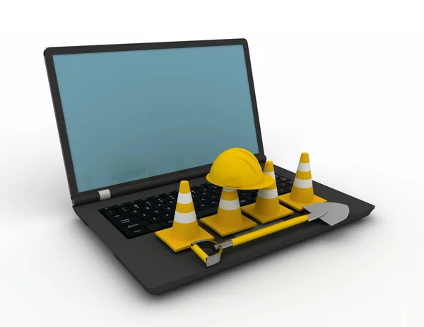 3d laptop de renderização com cones de tráfego. 3d ilustração renderizada — Fotografia de Stock