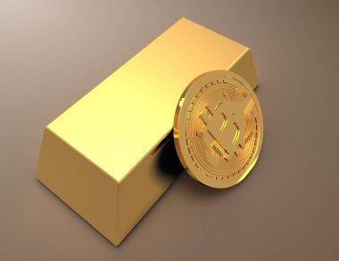 Altın külçe (külçe çevresinde Bitcoins ve Ethereum demir yığını 