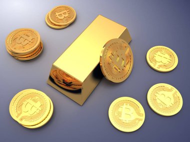 Altın külçe (külçe çevresinde Bitcoins ve Ethereum demir yığını 