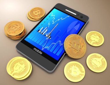 akıllı telefon ve bitcoins. 3D render illüstrasyon