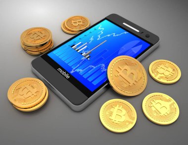 akıllı telefon ve bitcoins. 3D render illüstrasyon