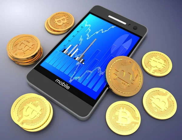 akıllı telefon ve bitcoins. 3D render illüstrasyon