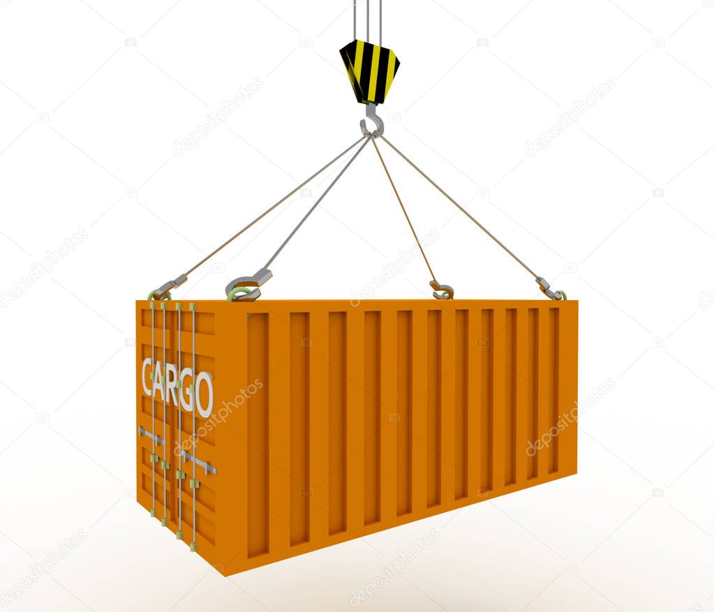 Sea container lifted by crane . 3D rendered illustration