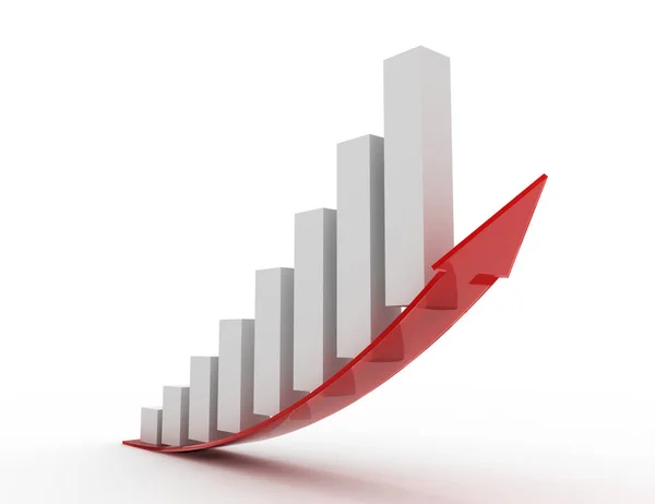 Gráfico de barras en crecimiento con flecha. 3d ilustración renderizada —  Fotos de Stock