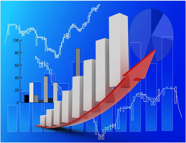 Gráfico de barras en crecimiento con flecha. 3d ilustración renderizada —  Fotos de Stock