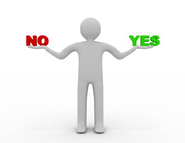 Evet ve hayır 3D adamla. 3D render illüstrasyon