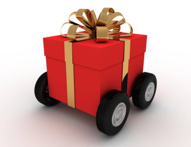 Hediye kutusu tekerlekli. 3D render illüstrasyon