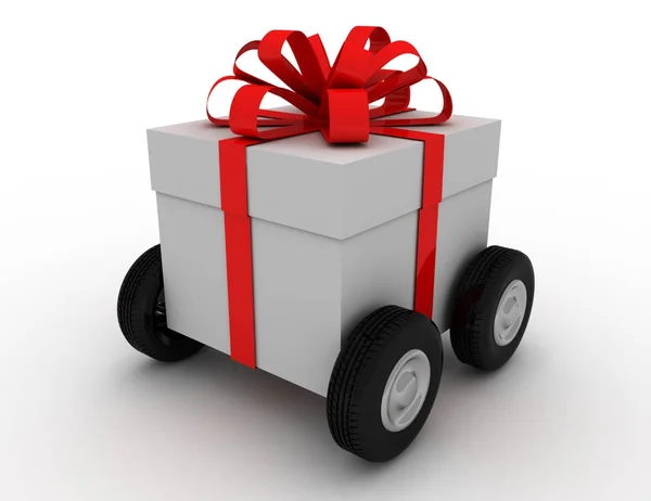 Gift box on wheels . 3D rendered illustration — Stock Photo, Image