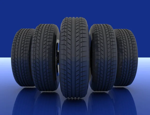 Gruppo di pneumatici per autoveicoli. Illustrazione resa 3d — Foto Stock