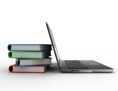 dizüstü bilgisayar ve kitap. 3D render illüstrasyon