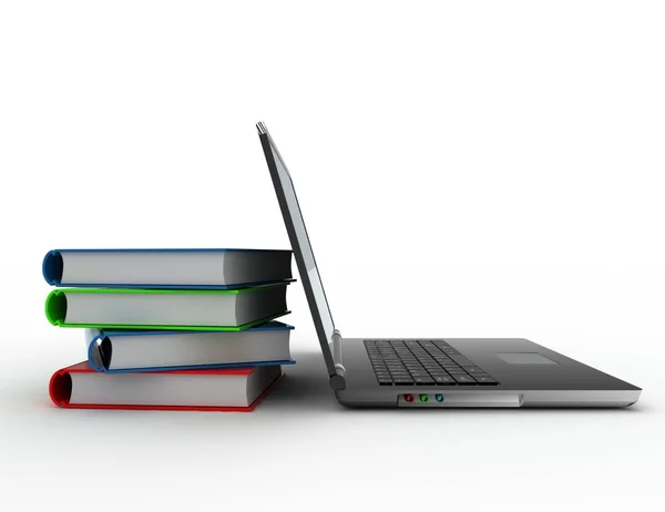 Laptop y libros. 3d ilustración renderizada — Foto de Stock