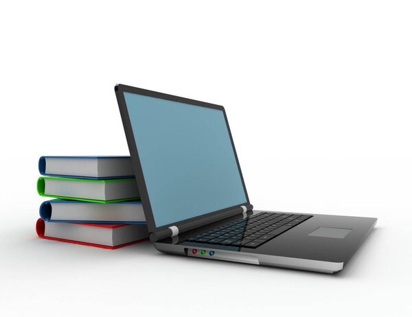 laptop and books . 3d rendered illustration