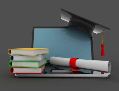 Mezuniyet kap ile dizüstü bilgisayar. 3D render illüstrasyon