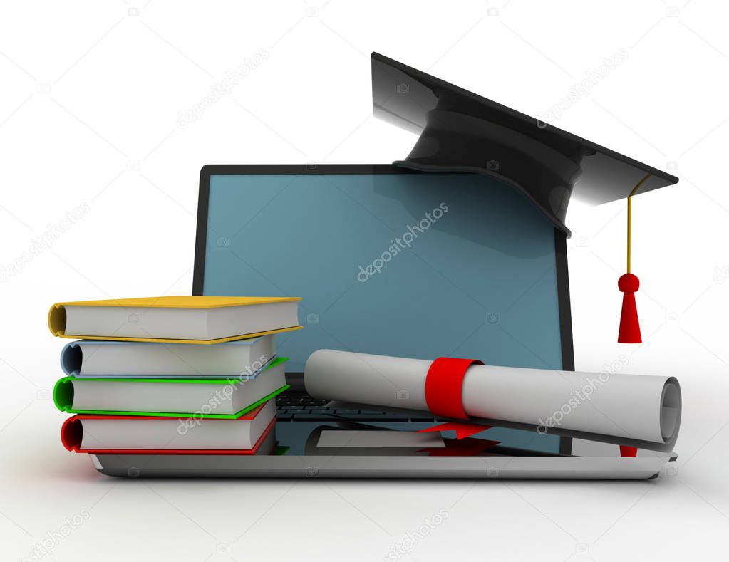 laptop with graduation cap . 3d rendered illustration