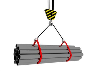 bir vinç kanca 3D rendering ile metal bir sürü ürün haddelenmiş