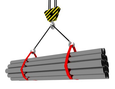 bir vinç kanca 3D rendering ile metal bir sürü ürün haddelenmiş