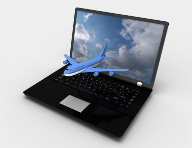 3D laptop ve uçak. 3D rendred illüstrasyon
