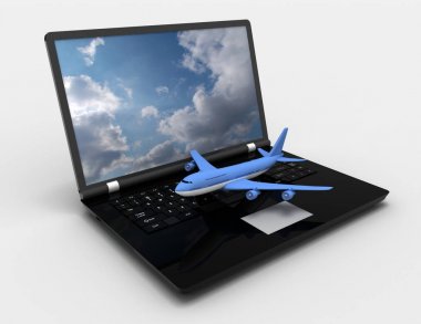 3D laptop ve uçak. 3D rendred illüstrasyon