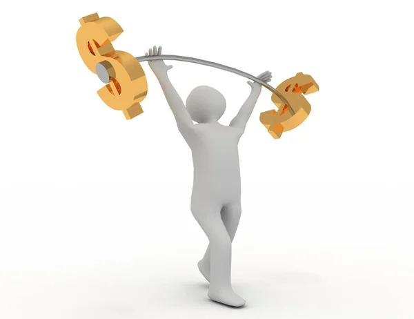 3d man holding up heavy barbell with red dollar signs 3d rendere — Stock Photo, Image