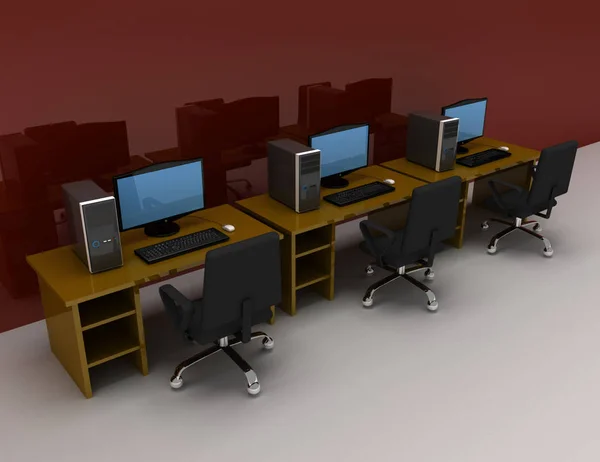 Ομάδα υπολογιστών με τραπέζι. 3D τετηγμένα εικονογράφηση — Φωτογραφία Αρχείου