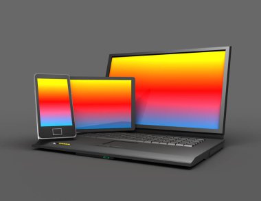 dizüstü bilgisayar, cep telefonu ve tablet pc. 3D render illüstrasyon