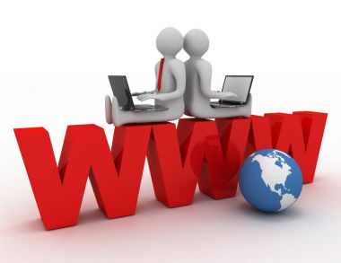 laptopl iş www üzerinde oturan iki adam. 3D render illustra