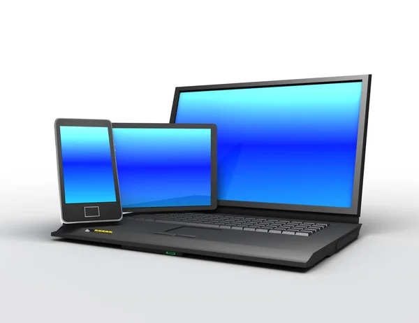 笔记本电脑, 手机和平板电脑。3d 渲染插图 — 图库照片
