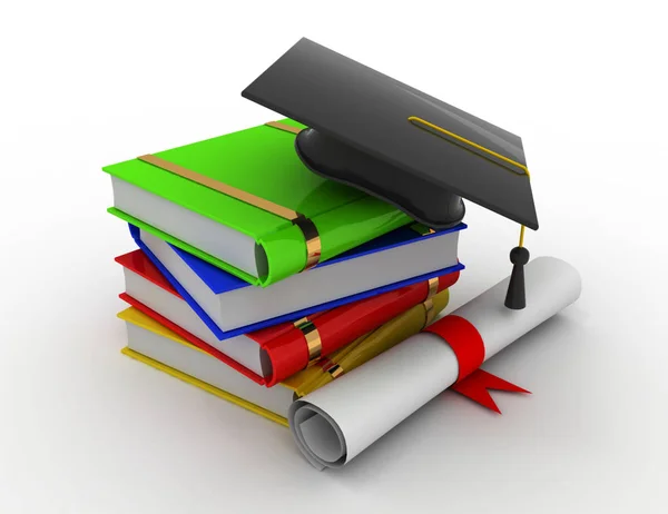Graduación. Mortero, diploma y libros. 3d renderizado illustr —  Fotos de Stock