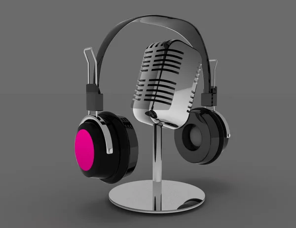Vintage mikrofon och hörlurar. 3D renderad illustrationv — Stockfoto