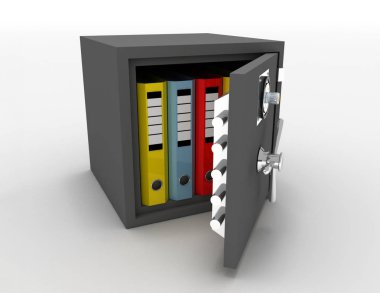 Office klasörlerinde bir açık metal güvenli. 3D render illüstrasyon