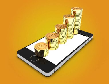 Bitcoins para grafik ile. 3D render illüstrasyon