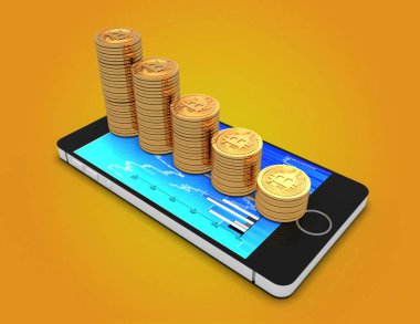 Bitcoins para grafik ile. 3D render illüstrasyon