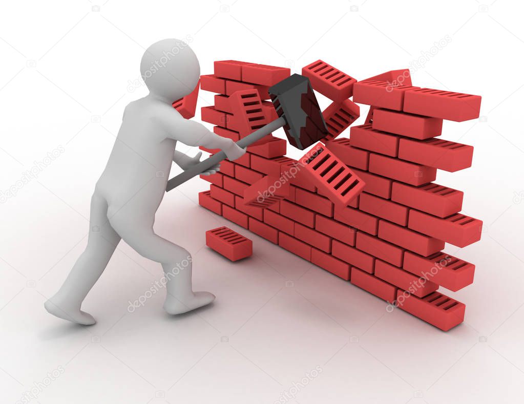 3d Man Smashes Wall concept . 3d rendered illustration