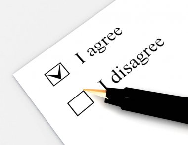 sözleşmesi kavramı. Kabul Ediyorum. Ben katılmıyorum. 3D render illustrati