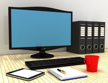 3D office workplance kavramı. 3D render illüstrasyon