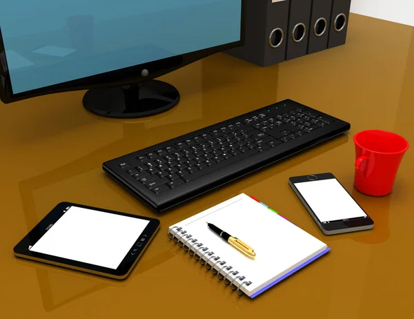 Concept de plan de travail de bureau 3d. Illustration en 3D — Photo