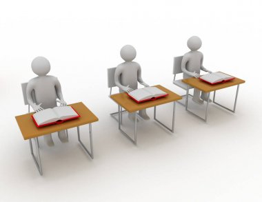 Öğrenci okul masada oturur. 3D render illüstrasyon