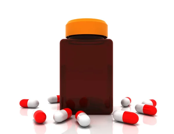 Il concetto di medicina. Pillole rovesciate dal flacone di prescrizione. 3d ren — Foto Stock